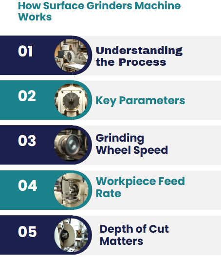 How Surface Grinders Machine Works
Surface grinders use a rotating abrasive wheel to remove material from a workpiece. The process involves several critical parameters, such as:
Wheel speed: The speed at which the grinding wheel rotates.
Feed rate: The speed at which the workpiece is fed under the grinding wheel.
Depth of cut: The thickness of the material removed in one pass.