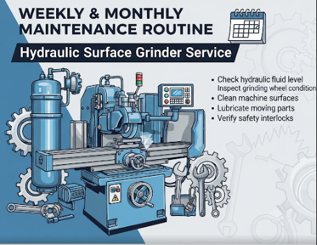 eekly & Monthly Maintenance Routine
Beyond daily care, a scheduled plan keeps your machine reliable.
Weekly Checks
Clean the coolant system and flush dirt.
Inspect hydraulic lines for leaks.
Dress the grinding wheel for accuracy.
Monthly Checks
Check alignment of the machine bed.
Inspect spindle for vibration.
Replace hydraulic oil if cloudy/dirty.
Tighten bolts, nuts, and electrical connections.
📌 Keyword focus: Hydraulic Surface Grinder Service